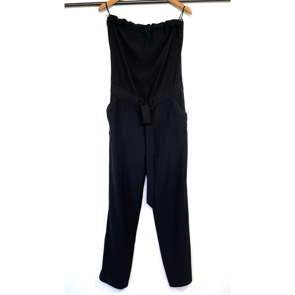 Bebe Womens Strapless Jumpsuit Size S Black‎ Waist Drawstring Pockets Party Club